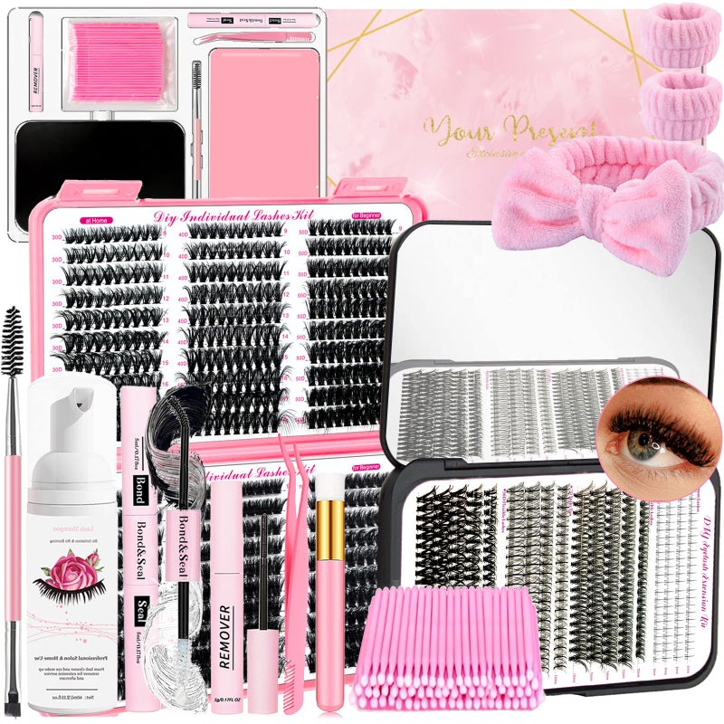 QUKLOGEN DIY Lash Extension Kit 966Pcs with Bottom Lashes Lash Bond and SealQuick Glue Remover Lash Shampoo Cleansing Brush Headband Wristband Tweezers Eyelash Brush Mini Applicato